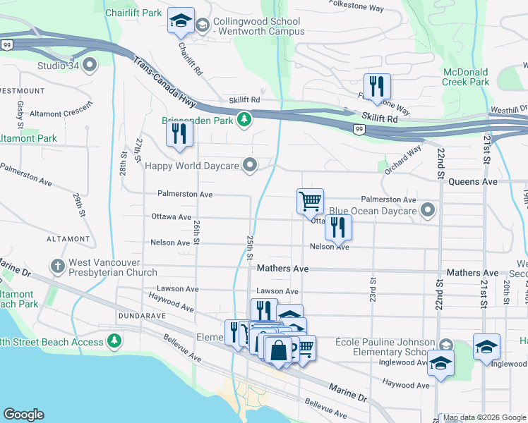 map of restaurants, bars, coffee shops, grocery stores, and more near 2479 Ottawa Avenue in West Vancouver