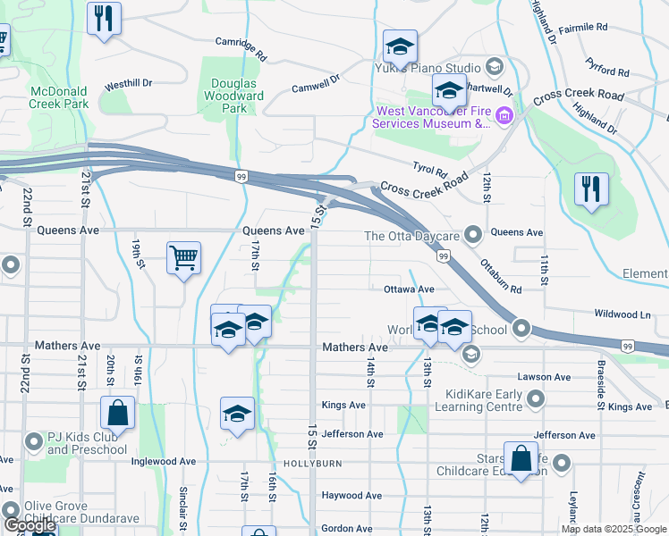 map of restaurants, bars, coffee shops, grocery stores, and more near 1488 Palmerston Avenue in West Vancouver