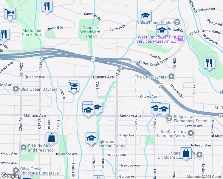 map of restaurants, bars, coffee shops, grocery stores, and more near 1550 Palmerston Avenue in West Vancouver