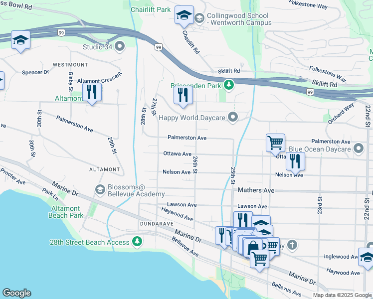 map of restaurants, bars, coffee shops, grocery stores, and more near 2623 Ottawa Avenue in West Vancouver