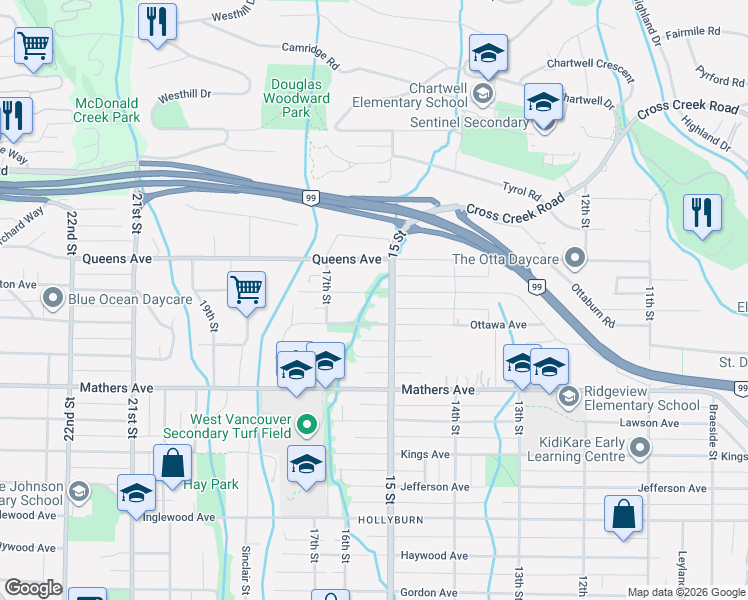 map of restaurants, bars, coffee shops, grocery stores, and more near 1550 Palmerston Avenue in West Vancouver