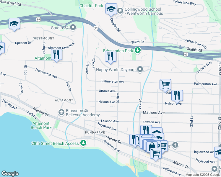 map of restaurants, bars, coffee shops, grocery stores, and more near 2627 Ottawa Avenue in West Vancouver