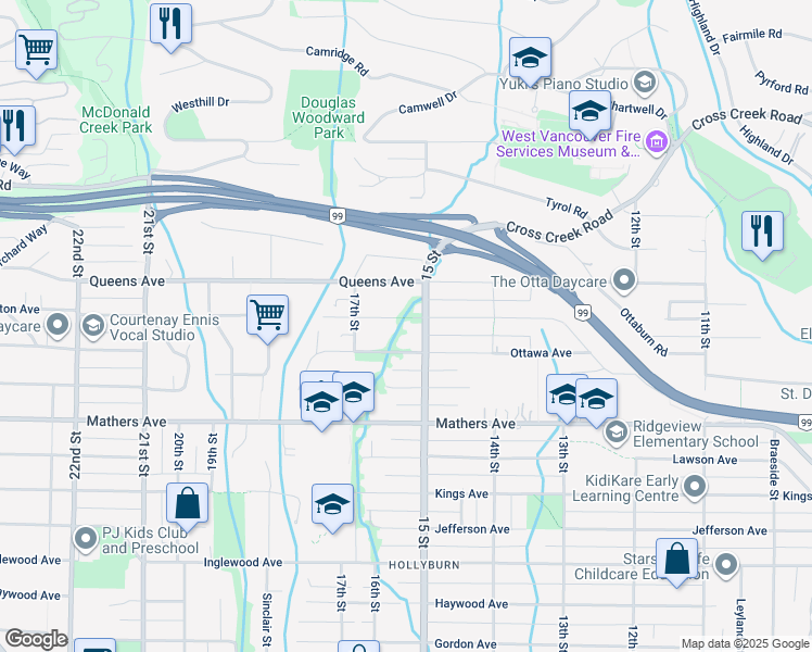 map of restaurants, bars, coffee shops, grocery stores, and more near 1550 Palmerston Avenue in West Vancouver