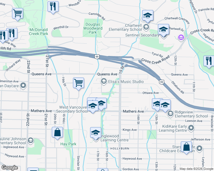 map of restaurants, bars, coffee shops, grocery stores, and more near 1650 Palmerston Avenue in West Vancouver