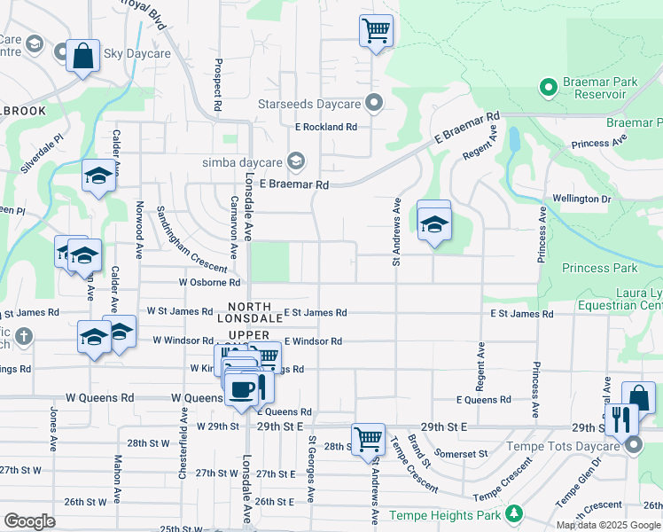 map of restaurants, bars, coffee shops, grocery stores, and more near 3434 Saint Georges Avenue in North Vancouver