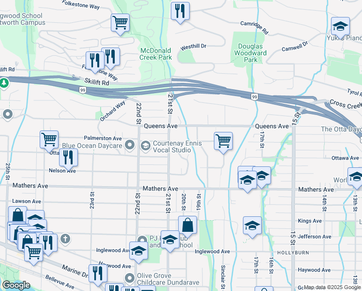 map of restaurants, bars, coffee shops, grocery stores, and more near 2050 Westdean Crescent in West Vancouver