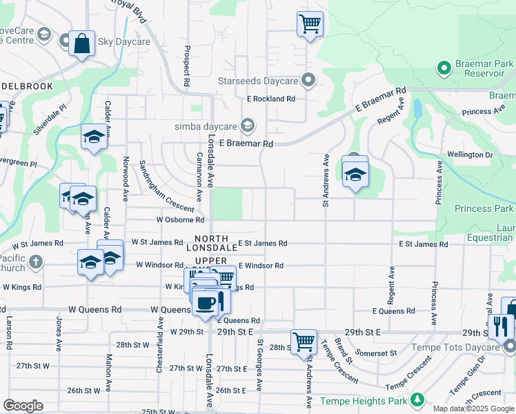 map of restaurants, bars, coffee shops, grocery stores, and more near 3435 Saint Georges Avenue in North Vancouver
