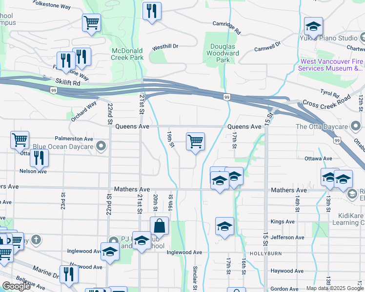 map of restaurants, bars, coffee shops, grocery stores, and more near in West Vancouver