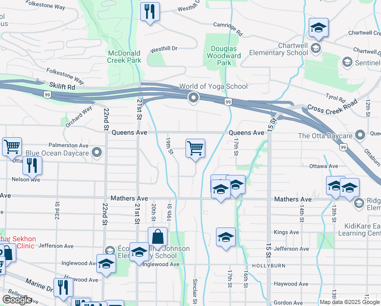 map of restaurants, bars, coffee shops, grocery stores, and more near 1805 Saint Denis Road in West Vancouver
