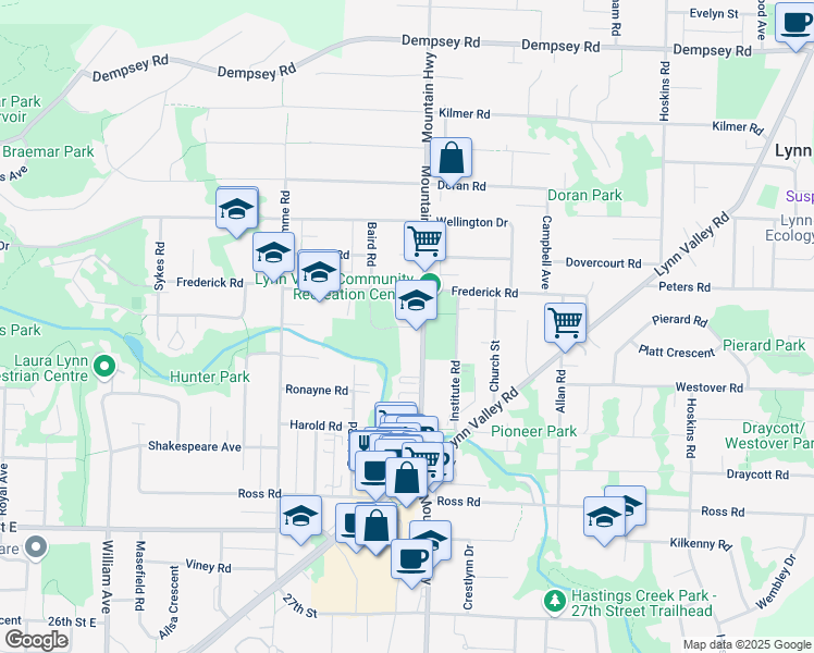 map of restaurants, bars, coffee shops, grocery stores, and more near 1278 Argyle Road in North Vancouver