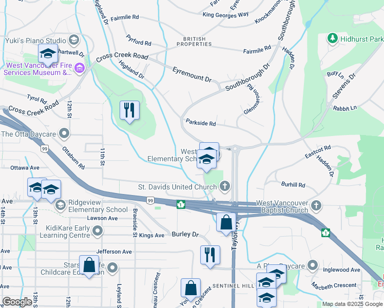 map of restaurants, bars, coffee shops, grocery stores, and more near 775 Westcot Place in West Vancouver