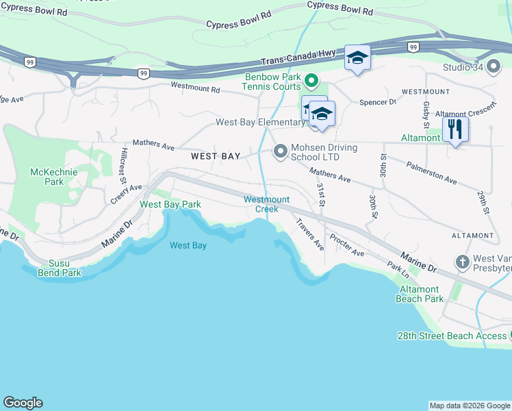 map of restaurants, bars, coffee shops, grocery stores, and more near 3298 Radcliffe Avenue in West Vancouver