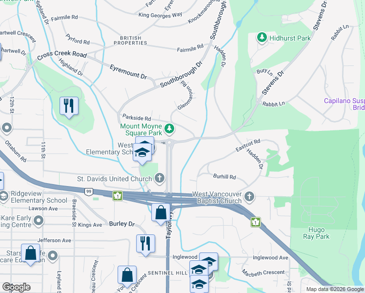 map of restaurants, bars, coffee shops, grocery stores, and more near 640 Stevens Drive in West Vancouver