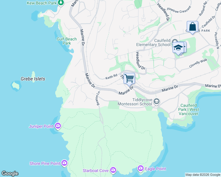 map of restaurants, bars, coffee shops, grocery stores, and more near 4957 Marine Drive in West Vancouver