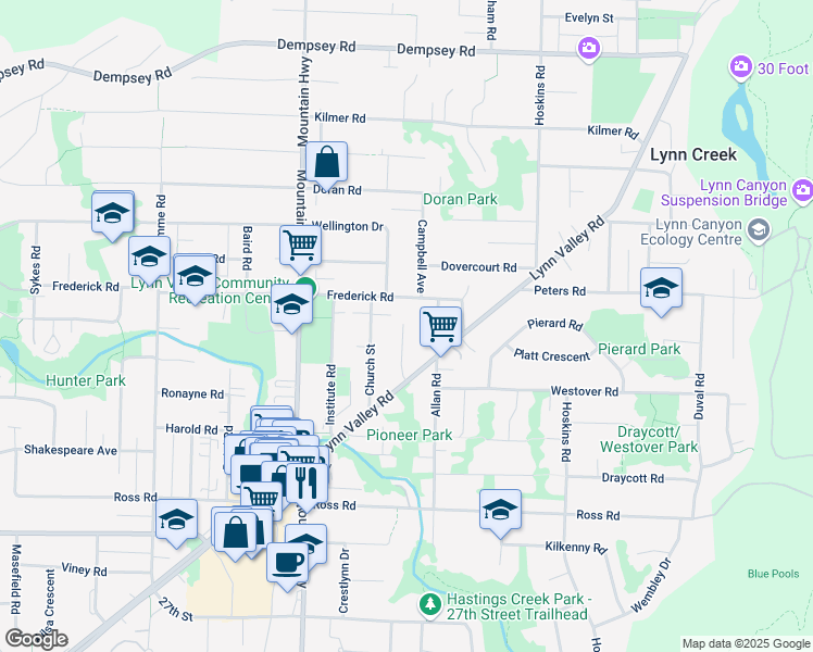 map of restaurants, bars, coffee shops, grocery stores, and more near 3504 Upton Road in North Vancouver