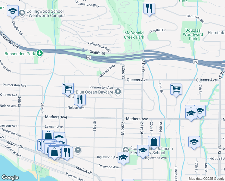 map of restaurants, bars, coffee shops, grocery stores, and more near 2234 Palmerston Avenue in West Vancouver