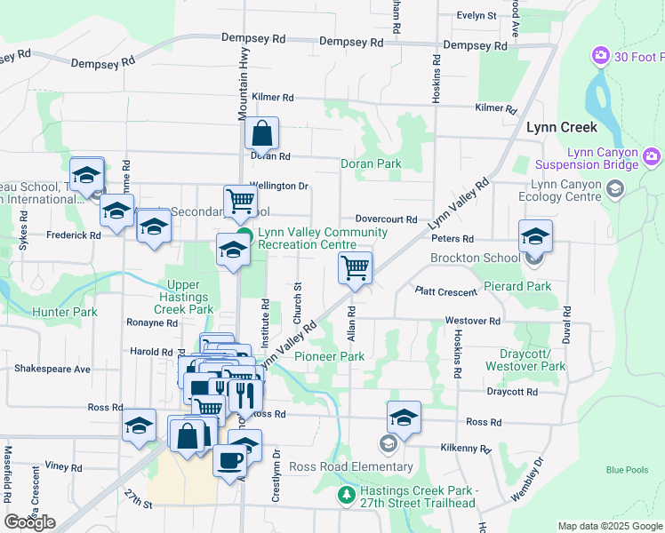 map of restaurants, bars, coffee shops, grocery stores, and more near 3504 Upton Road in North Vancouver
