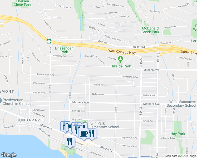 map of restaurants, bars, coffee shops, grocery stores, and more near 2370 Palmerston Avenue in West Vancouver