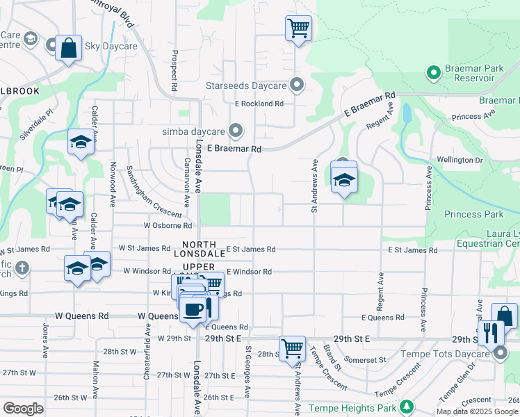 map of restaurants, bars, coffee shops, grocery stores, and more near 3454 Saint Georges Avenue in North Vancouver