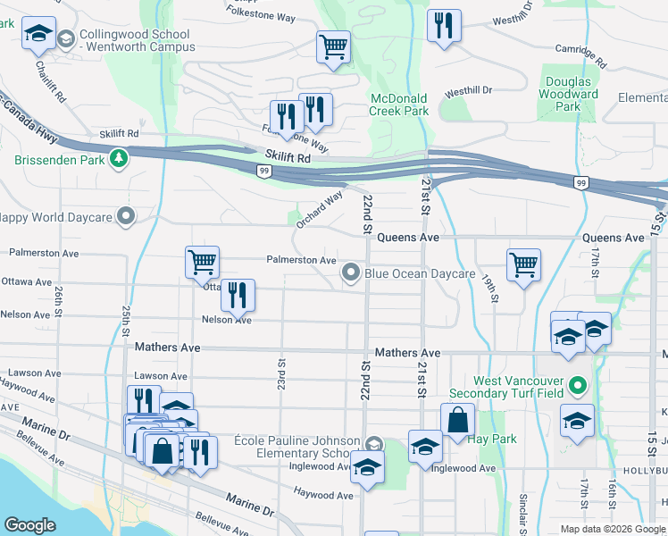 map of restaurants, bars, coffee shops, grocery stores, and more near 2234 Palmerston Avenue in West Vancouver