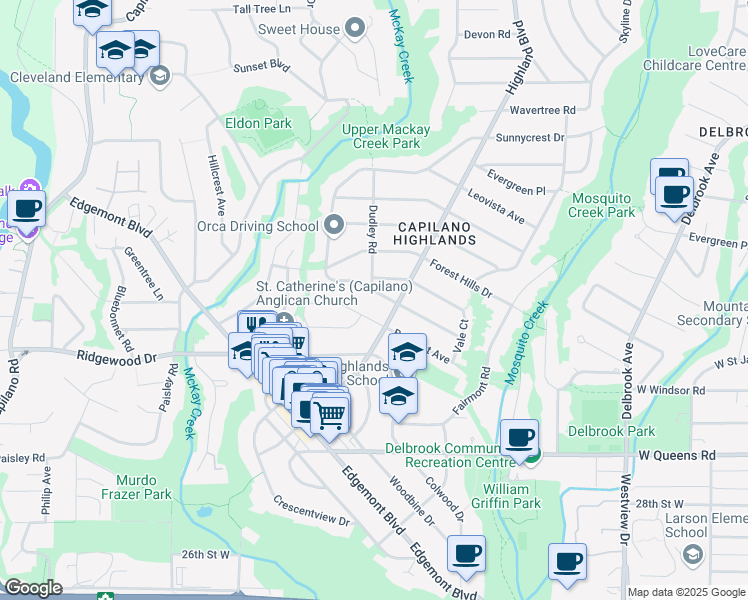 map of restaurants, bars, coffee shops, grocery stores, and more near 983 Kennedy Avenue in North Vancouver