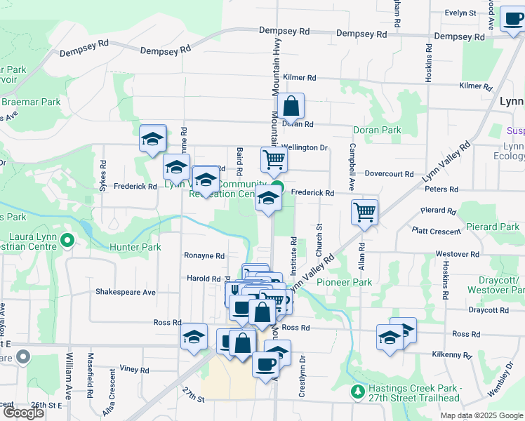 map of restaurants, bars, coffee shops, grocery stores, and more near 1278 Argyle Road in North Vancouver