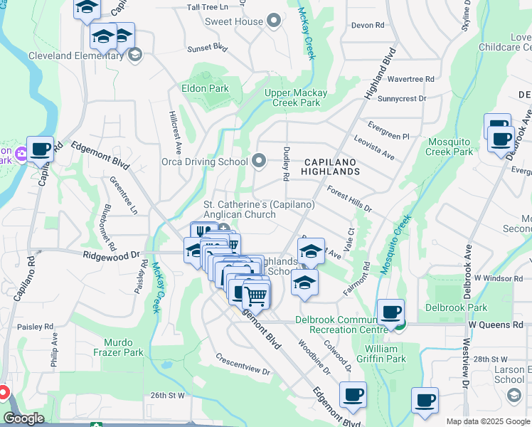 map of restaurants, bars, coffee shops, grocery stores, and more near 1030 Belmont Avenue in North Vancouver