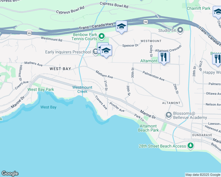 map of restaurants, bars, coffee shops, grocery stores, and more near in West Vancouver