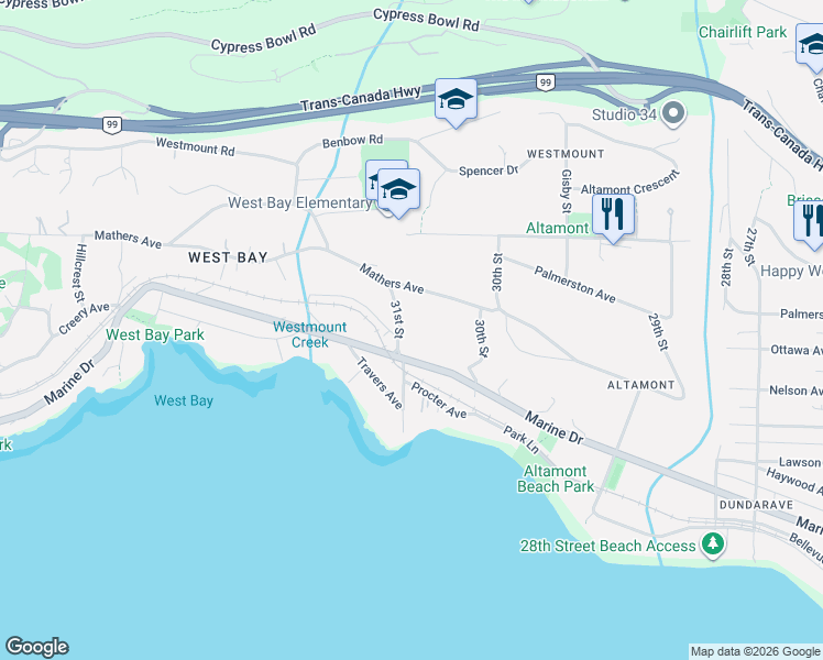 map of restaurants, bars, coffee shops, grocery stores, and more near in West Vancouver
