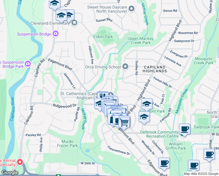 map of restaurants, bars, coffee shops, grocery stores, and more near 3496 Wellington Crescent in North Vancouver