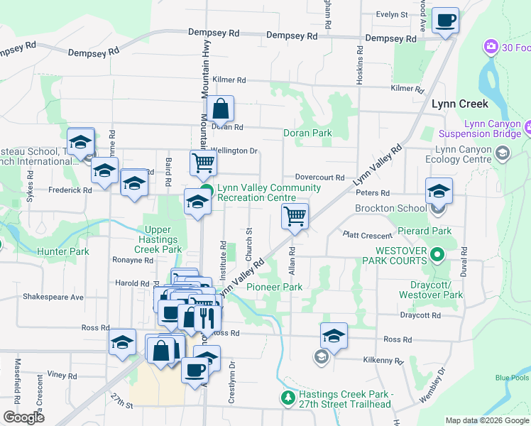 map of restaurants, bars, coffee shops, grocery stores, and more near 3533 Upton Road in North Vancouver