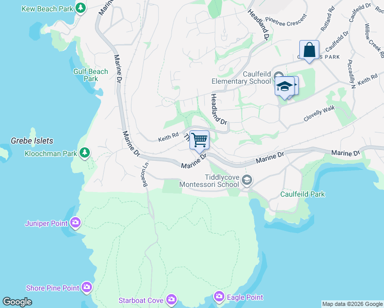map of restaurants, bars, coffee shops, grocery stores, and more near 4957 Marine Drive in West Vancouver
