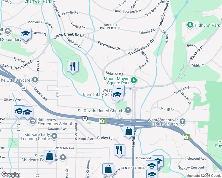 map of restaurants, bars, coffee shops, grocery stores, and more near 785 Westcot Road in West Vancouver