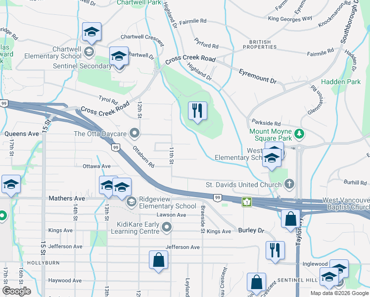 map of restaurants, bars, coffee shops, grocery stores, and more near 1066 Palmerston Avenue in West Vancouver
