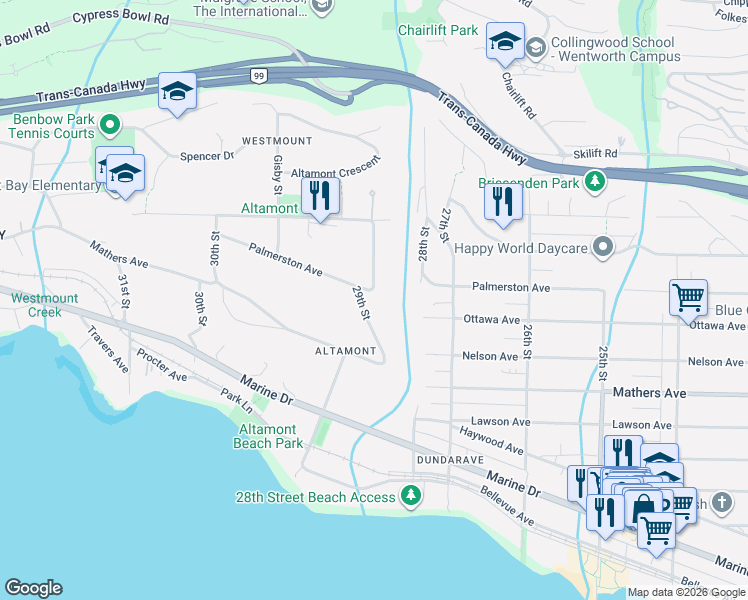 map of restaurants, bars, coffee shops, grocery stores, and more near 1760 29th Street in West Vancouver