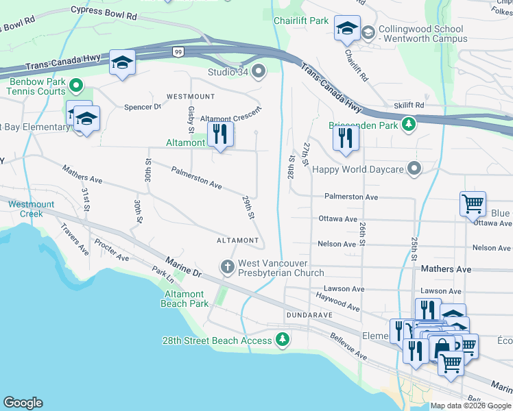 map of restaurants, bars, coffee shops, grocery stores, and more near 1760 29th Street in West Vancouver