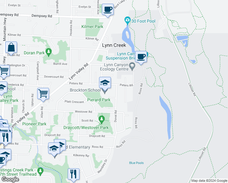 map of restaurants, bars, coffee shops, grocery stores, and more near 3521 Duval Road in North Vancouver