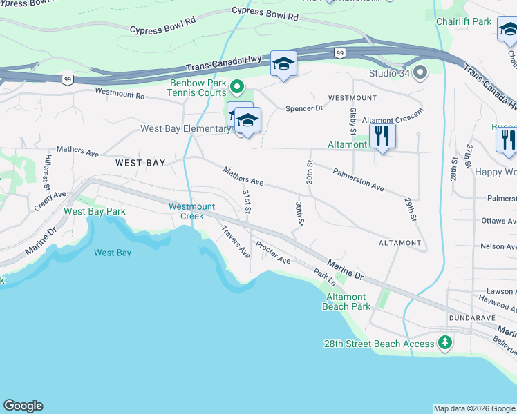 map of restaurants, bars, coffee shops, grocery stores, and more near in West Vancouver
