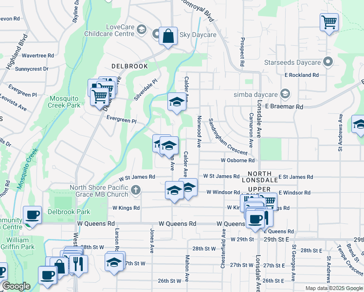 map of restaurants, bars, coffee shops, grocery stores, and more near 3455 Calder Avenue in North Vancouver