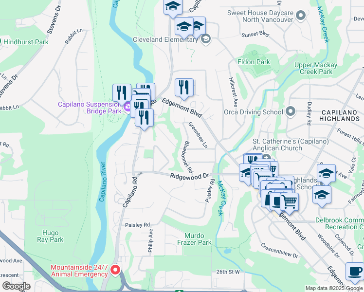 map of restaurants, bars, coffee shops, grocery stores, and more near 3493 Bluebonnet Road in North Vancouver