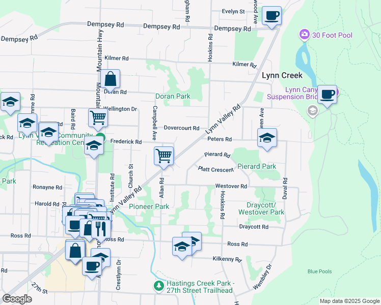 map of restaurants, bars, coffee shops, grocery stores, and more near 1549 Lynn Valley Road in North Vancouver
