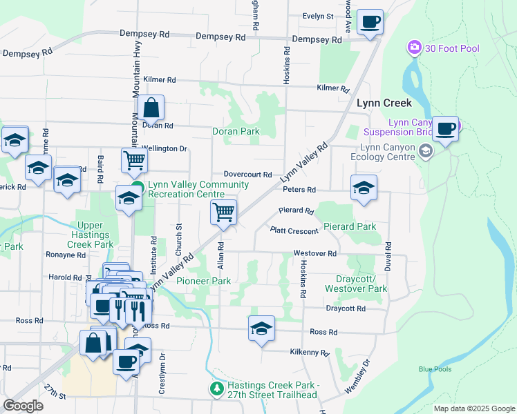 map of restaurants, bars, coffee shops, grocery stores, and more near 1549 Lynn Valley Road in North Vancouver