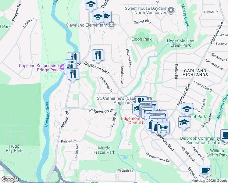 map of restaurants, bars, coffee shops, grocery stores, and more near 3474 Greentree Lane in North Vancouver