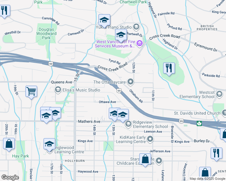 map of restaurants, bars, coffee shops, grocery stores, and more near 1297 Palmerston Avenue in West Vancouver