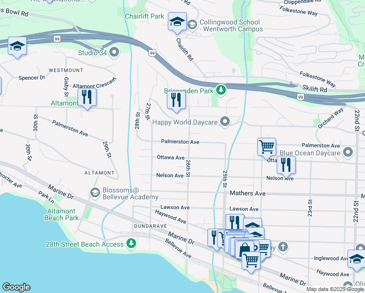 map of restaurants, bars, coffee shops, grocery stores, and more near 2616 Palmerston Avenue in West Vancouver