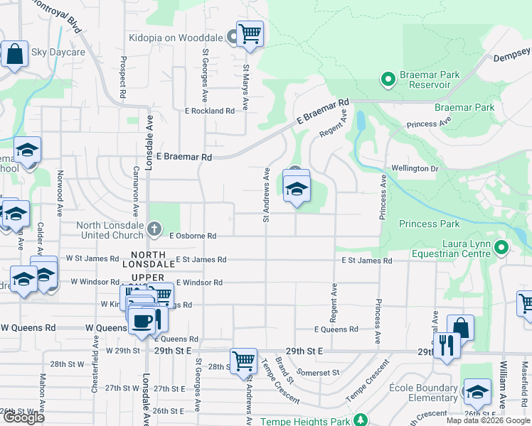 map of restaurants, bars, coffee shops, grocery stores, and more near Saint Andrews Avenue in Metro Vancouver