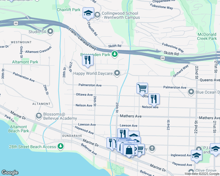 map of restaurants, bars, coffee shops, grocery stores, and more near 2530 Palmerston Avenue in West Vancouver