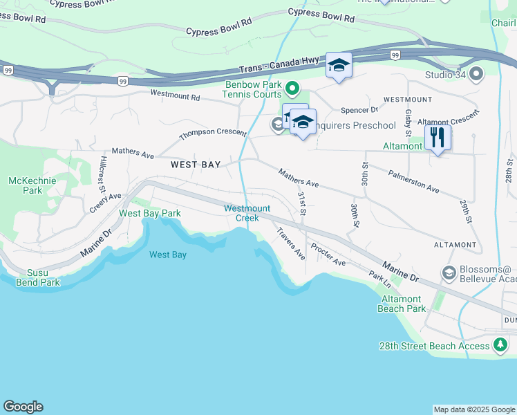 map of restaurants, bars, coffee shops, grocery stores, and more near 3245 Travers Avenue in West Vancouver