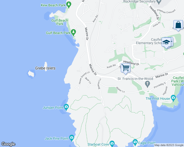 map of restaurants, bars, coffee shops, grocery stores, and more near 5075 Howe Sound Lane in West Vancouver