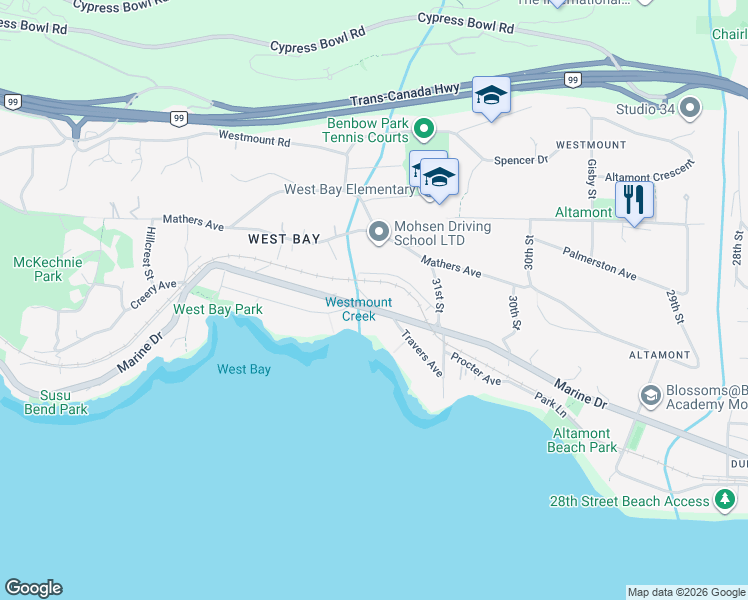 map of restaurants, bars, coffee shops, grocery stores, and more near 3245 Travers Avenue in West Vancouver